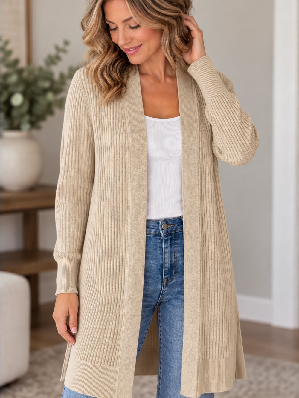 LOFT Long Open-Front Ribbed Cardigan - Sandstone